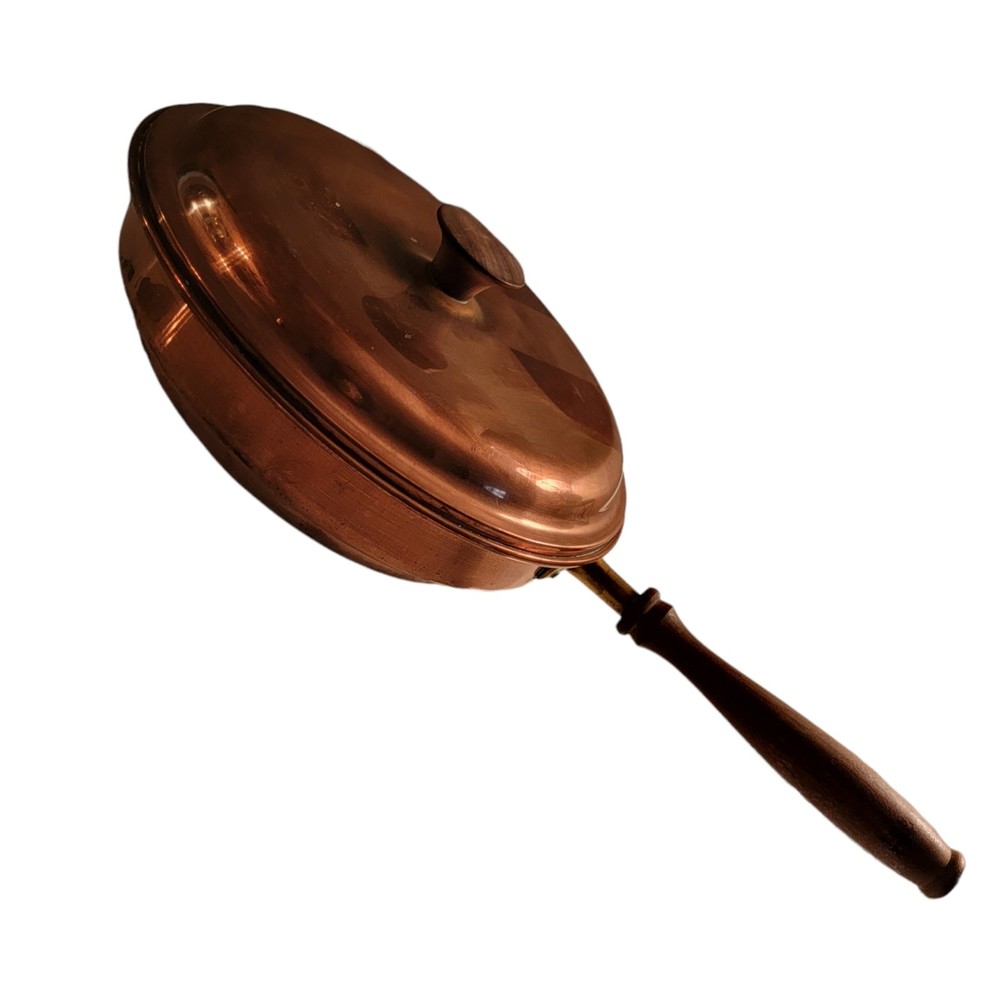 Antique Round Shape Copper Metal Saute Frying Pan With Lid Size‎ 9 x 9.5